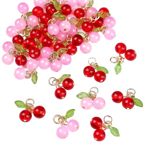 Wasise Cherry Charm - 50PCS Red and Pink Cherry Pendant, Bracelet Charms for Jewellery Making, Earring Charm for Jewellery Making, Necklace Charms, Fruit Accessories, Fruit Beads
