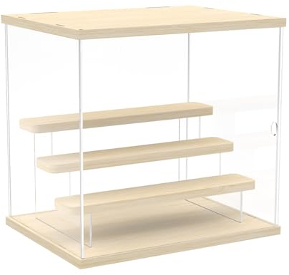 Nynelly Acryl Vitrine Klarsicht Aufbewahrungsbox für Sammlerstücke, 4-stufige transparente Acrylvitrine für Lego Modellbau Figuren,staubdichte Display-Box für Miniatur-Spielzeugfiguren,Holz