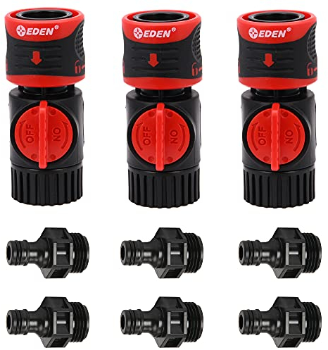 Eden 93218 Premium Garden Connect avec vanne d'arrêt et fonction d'arrêt d'eau et verrouillage à libération rapide Kit de raccords et adaptateurs de tuyau (3 ensembles/9 pièces)