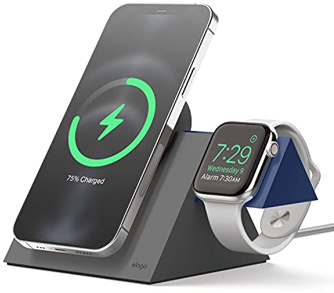 elago MS5 Duo Cargador Inalámbrico, Estación de Carga Compatible con MagSafe, Todos los Modelos de Apple Watch, iPhone 17/16/15/14/13/12 [Cargador no Incluido] (Gris Oscuro+Índigo)