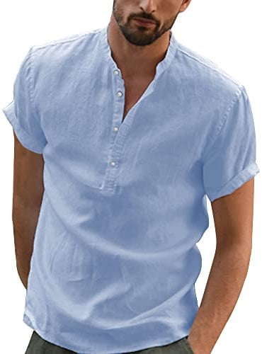 YAOBAOLE Mens Cotton Linen Henley Shirt Short Sleeve V Neck Hippie Casual Beach Lightweight Shirt Tops Light Blue 3XL