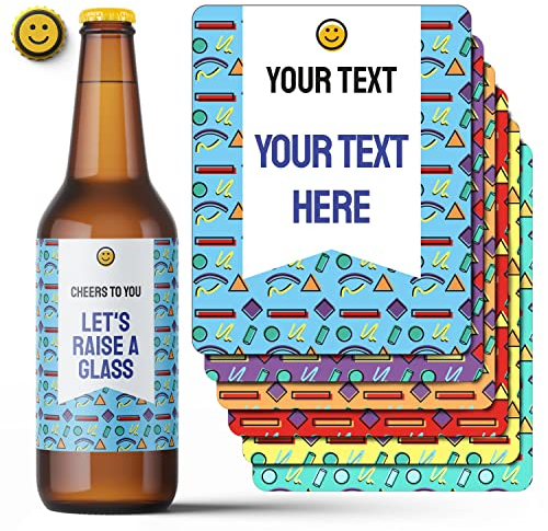 6 Étiquettes pour bouteilles de bière avec texte personnalisé. paquet de 6 autocollants colorés avec un visage souriant et une capsules personnalisée. Autocollants résistants à l'eau.
