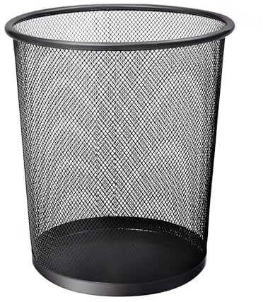 KEPLIN Round Trash Can Bin - 1 Pack Black Non-slip Mesh Bins | Waste Paper Bin | Sturdy Metal Bin Indoor Waste Bin for Home, Bedroom, Office, Bathroom, Living Room, Kitchen