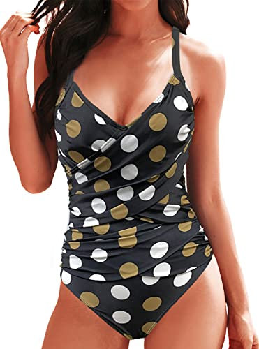 Rayson Maillot de Bain Femme 1 Pieces Froncé Monokini Push Up Rembourré Maillots Une Pièce Strap Réglables Taille Haute Maillots 1 Pièce Ventre Plat Amincissant(Noir à Pois,M)