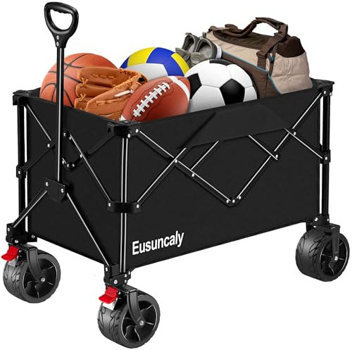Eusuncaly Collapsible Folding Wagon Cart with Deeper 7 CU.FT. Capacity, Heavy Duty Utility Cart with Big All-Terrain Beach Wheels for Outdoor Activities. Black
