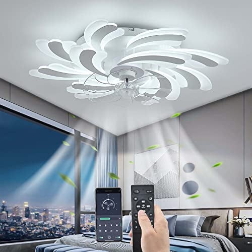YUNZI LED 50W Ceiling Fan with Lamp, Quiet Fan Ceiling Light, Modern Dimmable Ceiling Fan Lighting for Living Room Dining Room Bedroom Kitchen, Adjustable 6 Speeds, White 80CM