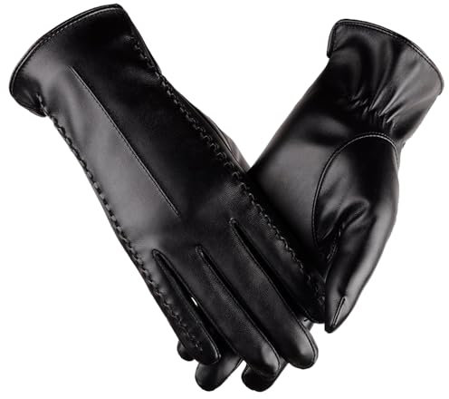 COACOM 1 Paar Schwarze Damen-Lederhandschuhe, Fäustlinge, Damen-Fahrhandschuhe, Warme Touchscreen-Handschuhe, Geeignet Zum Radfahren Im Freien, Spazierengehen Und Einkaufen