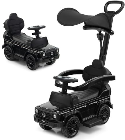 GOPLUS 3 in 1 Mercedes Benz Rutschauto, Schiebewagen mit Schiebegriff, verstellbarem Sonnendach, Schutzgeländer, Hupe & Motorengeräusch, Kinderspielzeug für Kinder ab 1 Jahr (Schwarz)