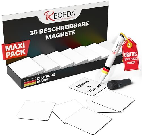 Reorda® Magnetstreifen beschreibbar - 35 Stück – 75x75mm (+ Stift) | Wiederbeschreibbar, beschreibbare Magnete für Whiteboard, Kanban, Magnettafel - beschriftbare Magnete für den Kühlschrank