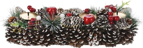 Bambelaa! Adventskranz Künstlich Länglich Adventsgesteck Holz Metall Gold mit 4 Kerzenhaltern Weihnachtsdeko Schnee-Effekt Dekorativer Kranz für Advent Weihnachtskranz Tisch Winterdeko (ca. 40x15x8cm)
