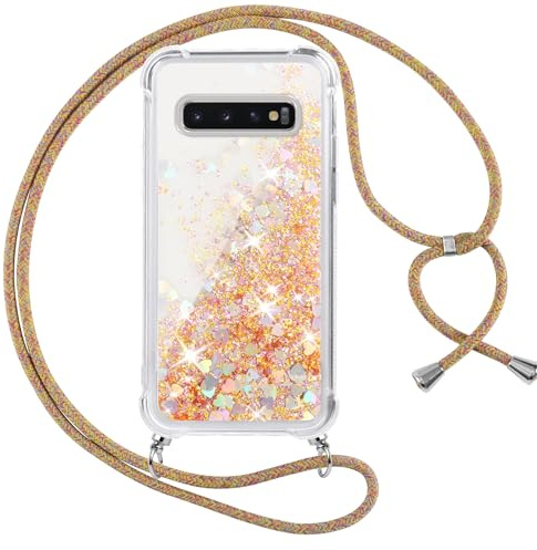 Vauki Funda para Samsung Galaxy S10 Plus con Cuerda, Transparente Silicona Glitter Liquida Colgar Colgante Cristal Suave Carcasa, Brillante Arena Movediza con Cordón Case para Samsung S10+, Oro