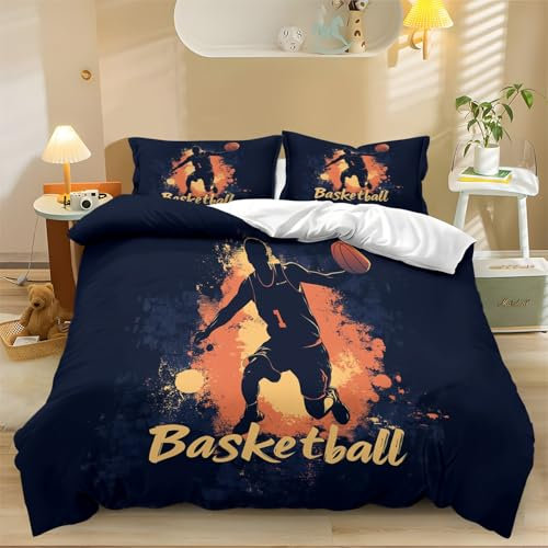 Bettbezug 140 x 200 cm Bettbezug Bettwäsche-Set für Erwachsene, Jungen und Mädchen Einfach Sport Basketball Druck Mikrofaser Weicher Komfortabel Bettbezug mit 2 Kissenbezügen Blau Orange