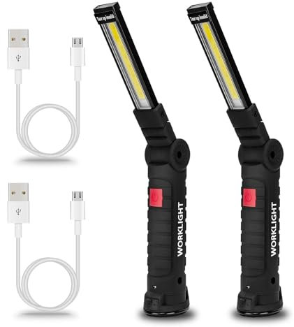 Gerbala Luci di Lavoro Ricaricabili, 2 Proiettori LED per Imballaggio con Base Magnetica e Gancio a Gancio, 360 Torce Ricaricabili a Rotazione per Case Meccaniche di Riparazione Auto, Garage