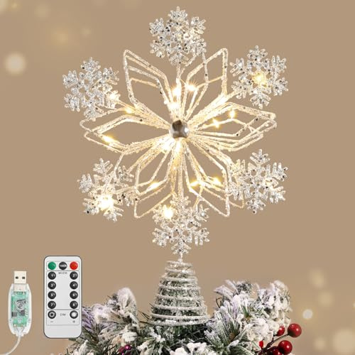 Lewondr Weihnachtsbaumspitze Schneeflocke, 8,66'' Glitzernde Christbaumspitze mit 20 LED Birnen, 6 Std. Timer & 8 Modi USB-Fernbedienung, Baumspitze Tannenbaum Spitze Weihnachtsdeko für Innen, Weiß