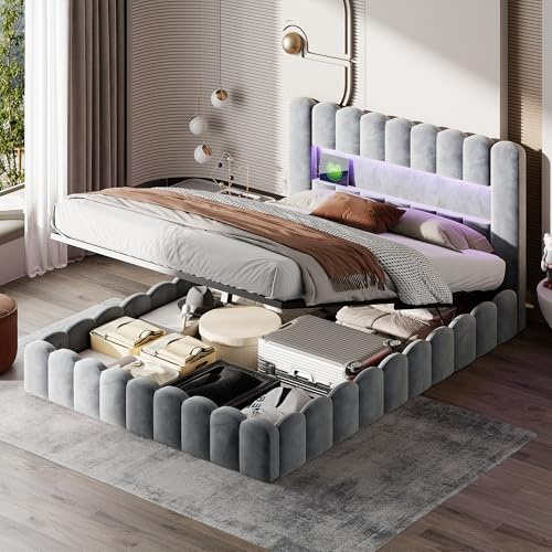 WOBOPCG Polsterbett Doppelbett 180x200,LED Doppelbett mit USB,Hydraulisch Stauraumbett mit Stauraum,Funktionsbett,Bett boxspringbett (Gris+Velours, 180x200)