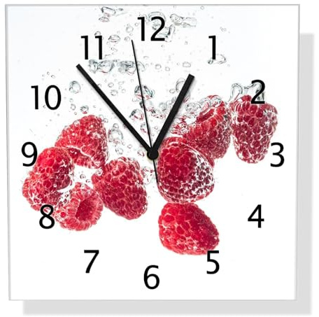 Wallario Design-Wanduhr Sprudelnde Himbeerfrische aus Glas, Motiv-Uhr Größe 30 x 30 cm, Schwarze Zeiger