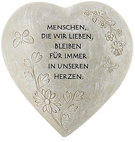 com-four® Grab-Dekoration in Herz-Form - verzierter Trauerstein mit Gedenkspruch - Gedenkstein mit Aufschrift - wetterfester Grabschmuck mit Schmetterlingen