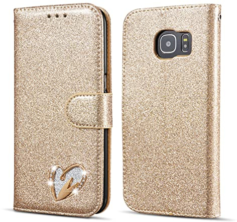 QLTYPRI Samsung Galaxy S8 Plus Hülle, Glitzer Handyhülle PU Ledertasche TPU Etui Handschlaufe Kartenfach mit Eingelegten Liebe Herz Diamond Flip Schutzhülle für Samsung Galaxy S8 Plus - Gold