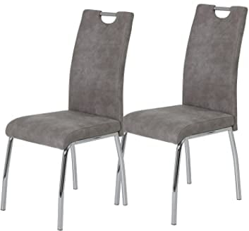 Hela Tische, 2er Set Esszimmerstuhl Küchenstuhl Susi, Mikrofaser Vinatge Grau, Metallgestell + Griff Chrom