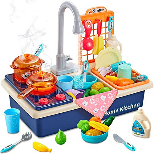 Yangers Set di Giocattoli per lavello da Cucina per Bambini con Acqua Corrente, 28 Pezzi lavello per Lavare fingere Giochi di Ruolo pentole e padelle per Alimenti Accessorio in plastica
