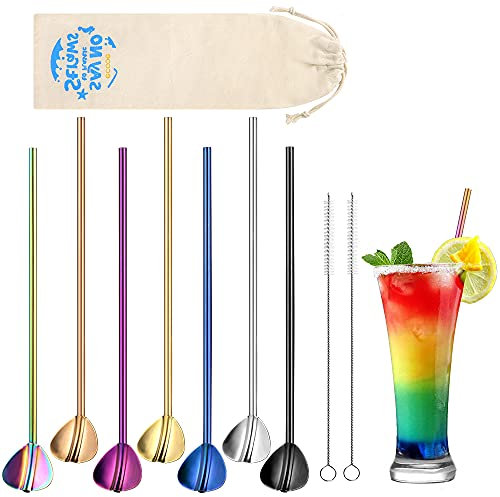 ecooe 7 Edelstahl Strohhalme mit Löffel Wiederverwendbare Trinkhalme BPA-free Trinkröhrchen Cocktailspieße mit 2 Reinigungsbürste 1 Tasche Spülmaschinenfest für Cocktail,Saft,Long-Drinks,Milk,Juice