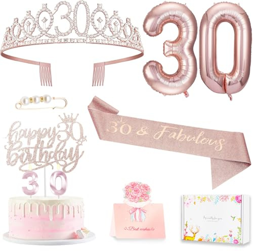 30. Geburtstag Dekoration für sie, 30. Geburtstag Bänder und Krone, Kuchenkappe und Kerzen, Aufkleberkarte, Zahlenballons, 30 Jahre Geschenke für Frauen