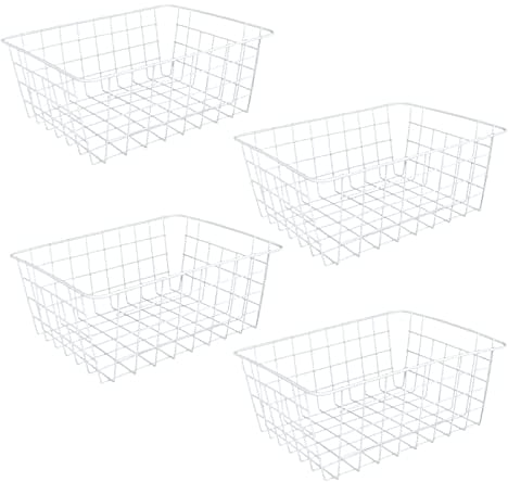 MIVIDE 4PCS White Metal Wire Storage Baskets, Freezer Baskets for Chest Freezers, Small Wire Basket for Freezer Kitchen Pantry Closets Bathroom (28x22x12cm)