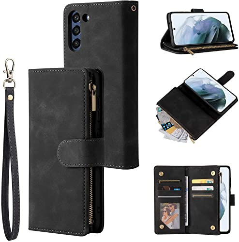 QLTYPRI Hülle für Samsung Galaxy S23, Premium Leder Handyhülle mit Große Kapazität 6 Kartenfach & 1 Reißverschluss Tasche Ständer Schutzhülle für Samsung Galaxy S23 - Schwarz