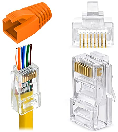 Greluma 25 Piezas Conector pasante RJ45 CAT6, Enchufe de Red CAT6A Chapado en Oro, Extremos Cat 6 con Protectores contra tirones