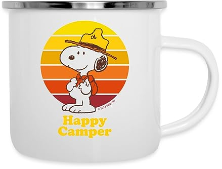 Spreadshirt Peanuts Snoopy Happy Camper Camping-Becher, Weiß, Metall, Becher, rund mit Henkel, 300 ml
