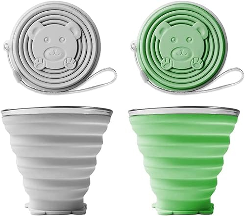 HZSZJMN Silicone Foldable Cup 320ML, 2 Pack Portable Collapsible Travel Mugs, Folding Silicone Cups with Sealing Lid, Reusable Cup Set for Picnic, Camping, Hiking Travel (Green+Grey)