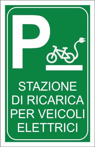 M-ITALY CARTELLO SEGNALETICO - STAZIONE DI RICARICA VEICOLI ELETTRICI CON SIMBOLO BICI - Adesivo Extra Resistente, Pannello in Forex, Pannello In Alluminio (15x10, Plastica)
