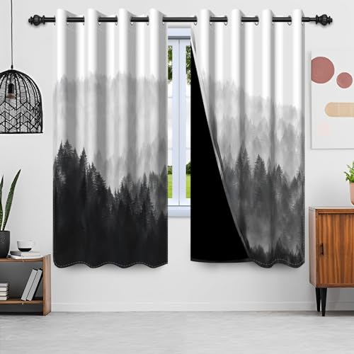 Uiiooazy Gardinen Schwarz Grau, Vorhänge Waldmotiv Naturel Landschaft Gardinen Blickdicht Thermovorhang Polyester Thermogardinen Verdunklungsvorhänge mit Ösen für Wohnzimmer, 2er Set, 140x175cm