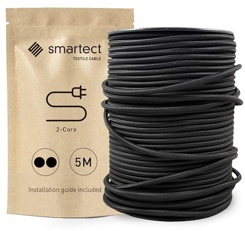 smartect Cable Textil en Color Negro, Cable Electrico 2 Hilos de 5 Metros (2 x 0,75 mm²) Cuerda para Lampara con Revestimiento Textil para su Proyecto DIY
