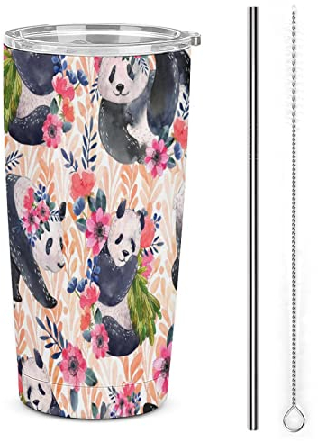 Wasserfarben-Becher mit Pandas-Blumen, 590 ml, isolierter Becher mit Deckel und Strohhalmbürsten, doppelwandige Reise-Kaffeetasse