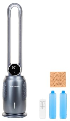 Genius Invictus AIR AC7 Turmventilator Mobile Klimaanlage 6 tlg, Luftkühler, 12h Timer, 12 Geschwindigkeiten, Ventilator, Wasserkühlung, 2 Kühlakkus, energiesparend, LED Display mit Fernbedienung