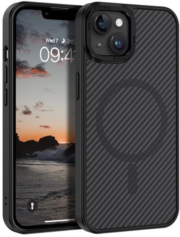 YINLAI Magnetic Case for iPhone 13/14 [Magsafe Compatible] Carbon Fiber Slim Shockproof Case - Wireless Charging - Black