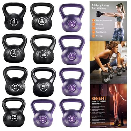 Vinyl Kettlebell Weight Set Kettlebells Exercise Home Gym Fitness Workout 4-20kg | Heavy Weight Kettle Bell for Strength Cardio Training - Kettlebells for Home and Gym Fitness Workout (Black, 4 KG)