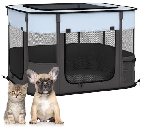 PawHut Welpenauslauf, Welpenlaufstall mit Türen, Fenster, faltbar Laufgitter, Atmungsaktiv Netz, für kleine Hunde unter 4 kg und Kleintiere, Indoor und Outdoor, 74 x 60 x 45 cm, Grau