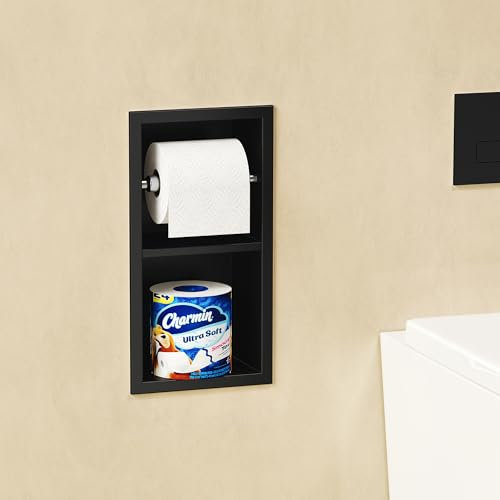 Qeke Einbau Toilettenpapierhalter, Nische WC-Papierhalter aus Edelstahl, Klopapierhalter mit WC Rollenhalter und Aufbewahren, Wandmontage, Doppelschicht, 34x18cm, Schwarz