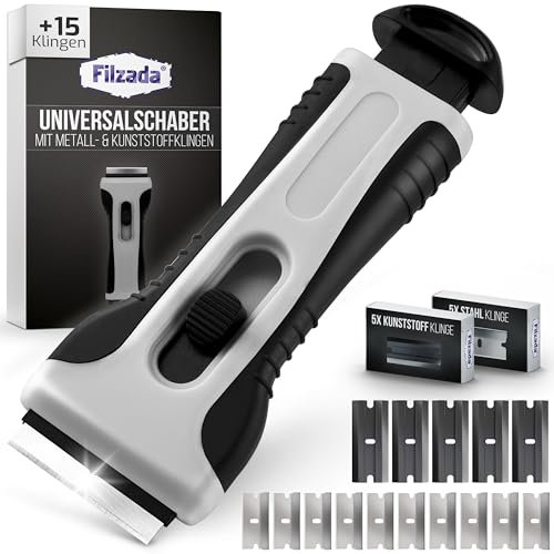 Filzada® Küchenschaber Grau - mit 15 Schaber Klingen - Glasschaber für Kochfeld - Premium Küchenschaber Set - Schaber geeignet für Glaskeramik - Schaber Küche - Scraper - Glaskeramik Schaber
