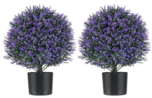 COSTWAY Set of 1/2 Artificial Boxwood Topiary Ball Tree, Faux Shrub Bushes with Flowers and Plastic Nursery Pot, Fake Decorative Greenery Plants for Indoor Outdoor (2, Purple Lavender Tree)