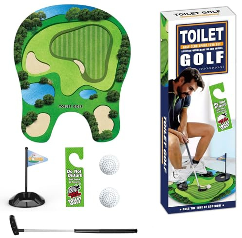 Toilettengolf Geschenk Set für Zuhause, Mini Golf Männergeschenk Lustig mit Skalierbarer Golfschläger , Puttingmatte, 2 Golfbällen & Türhänger Golf Geschenke für Männer, Golf Gadgets für Badezimmer