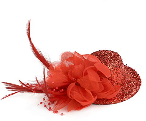 MioCloth Mini-Fascinator mit Feder, Glitzer-Hut, Clip, Teeparty, Cosplay, Kostüm, Dekoration, Rot/Ausflug, einfarbig (Getaway Solids), One Size