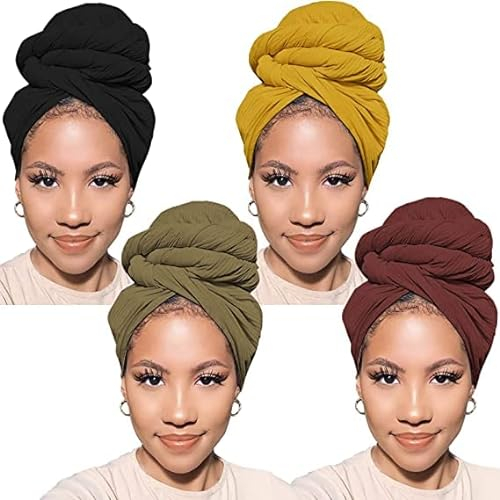 XTREND Stretch-Kopfband, Haarband, Jersey, Turban, gestrickt, einfarbig, ultraweich, extra lang, atmungsaktiv, für Damen, Schwarz, Kaffee, Grün, Kurkuma, 4 Stück