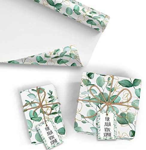 5x Geschenkpapier Motiv Eukalyptus - 5 große Bogen je 70 x 100 cm - verpackt als eine Rolle - inkl. Passende Geschenkanhänger - Umweltfreundliche Geschenkverpackung - Marke Neuser