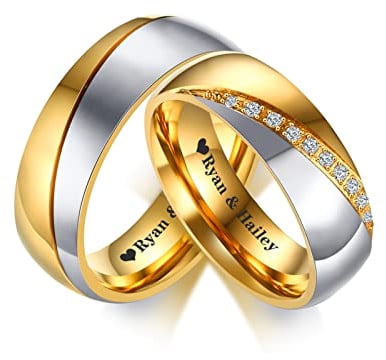 FLHEART Personalisierte Paar Eheringe für Sie und Ihn Kostenlose Gravur 2-Ton vergoldetem Edelstahl Kubisch Zirkoniumdioxid Versprechen Ring Set Valentinstag