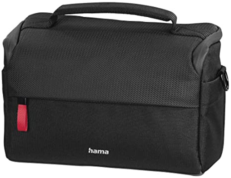 Hama Kameratasche Matera 135 (kompakte Fototasche, Kameratasche für Spiegelreflexkamera und Zubehör, Umhängetasche mit Schultergurt, Trolleyband und Zubehörfächern, recyceltes PET) schwarz