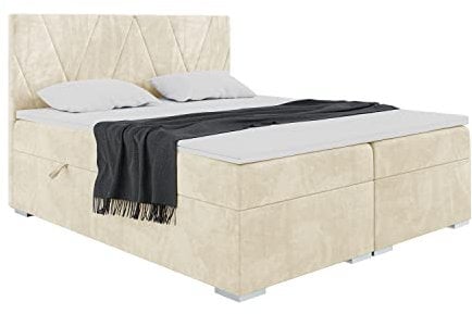 MEBLINI Boxspringbett mit Bettkasten - Gepolstert Doppelbett mit Matratze und Topper - Polsterbett mit Stauraum - Bett mit Kopfteil - Stauraumbett - Lara - 160x200 - H4/Beige Samt