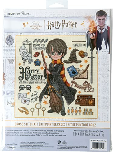 Dimensions 70-35416 Magical Design Harry Potter Kreuzstich-Set für Anfänger, 27,9 x 27,9 cm, 14 Cnt. Ivory Aida, 4 Stück